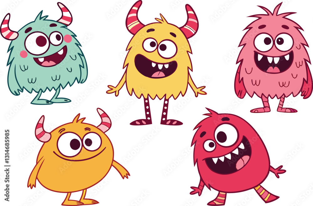 Cute Cartoon Monsters - Colorful Funny Creatures with Big Eyes Cute Cartoon Monsters - Colorful Funny Creatures with Big Eyes