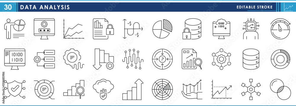 A set of line icons related to Data Analysis. Data, digital, graph, analyze, surplus, growth, research, loss, business, security, and so on. Vector editable stroke.