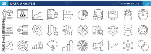 A set of line icons related to Data Analysis. Data, digital, graph, analyze, surplus, growth, research, loss, business, security, and so on. Vector editable stroke.