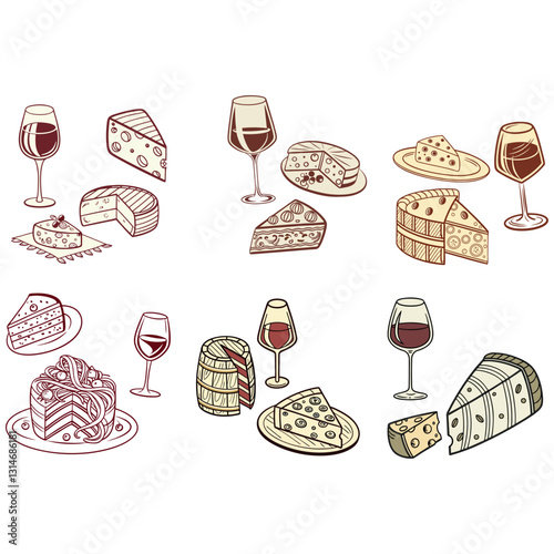 chalk food vector illustrations. wedding dinner icons, wine or champagne glass, cheese, and charcuterie drawings for wedding invitations, cafe menus, and parties