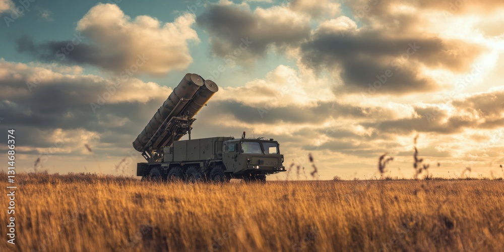Fototapeta premium A missile launcher in a vast field under a dramatic sky. The vehicle stands sturdy amidst the golden grass. A modern military vehicle showcasing power and technology. AI