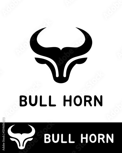 A bold and modern bull horn logo design featuring a minimalistic and abstract representation of a bull's head