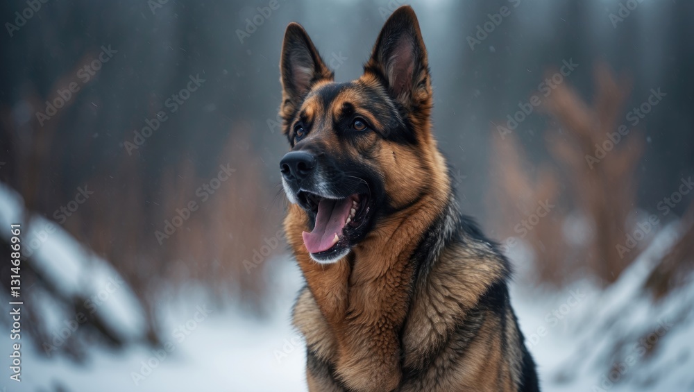 German Shepherd dog vocalizing in winter. German Shepherd dog vocalizing in winter.