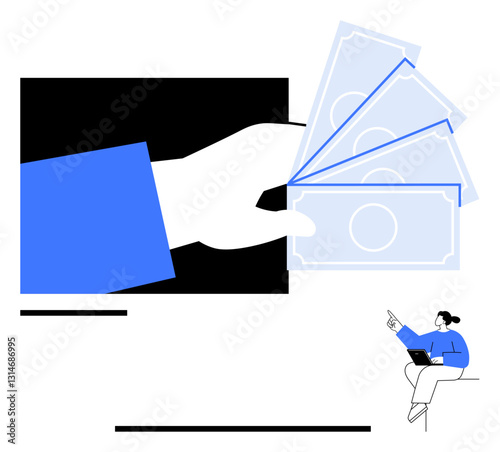 Hand presenting cash while a businesswoman with a laptop sits pointing forward. Ideal for finance, payment, business, transactions, economy, earning, remote work. Flat simple metaphor