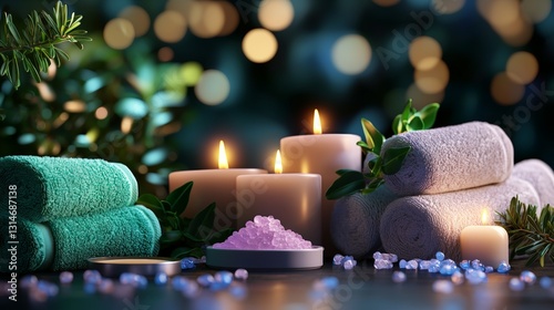 Serene Spa Setting with Candles and Towels