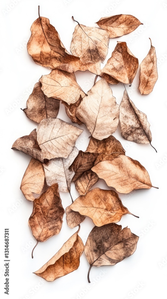 Assorted dried leaves scattered on a white surface Assorted dried leaves scattered on a white surface