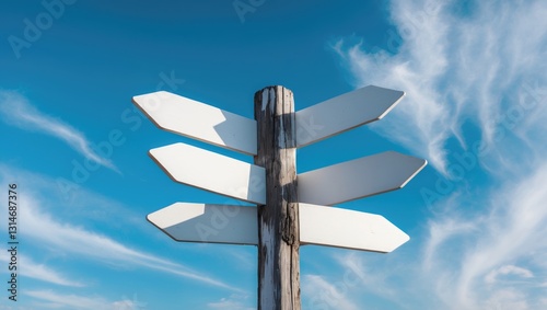 Blank white signpost against a blue sky with a background of white clouds.