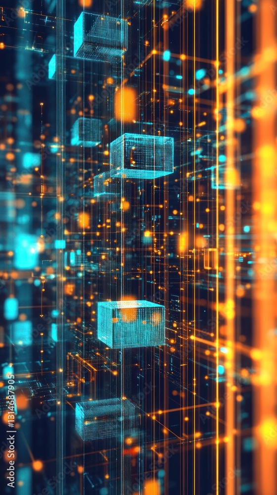 Fototapeta premium Abstract digital landscape with glowing cubes and lines