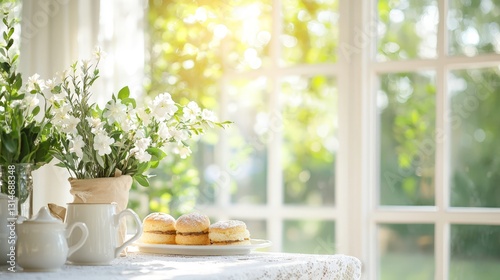 Sunny Breakfast Nook with Flowers and Pastries.