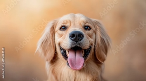 A charming golden retriever puppy smiling brightly, representing joy, innocence, and the deep bond between pets and humans, captured in a soft, glowing setting.
