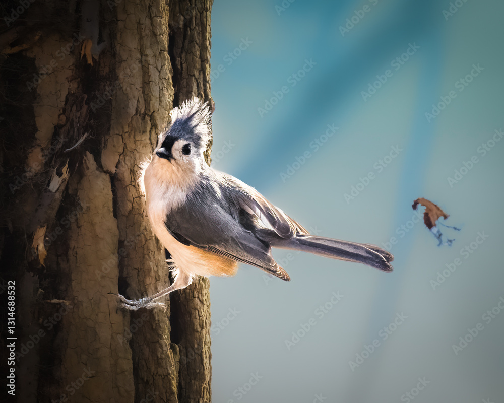 A small bird with striking black and white markings perches on the side of a tree trunk. The background is softly blurred, highlighting the bird's detailed plumage.