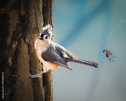 Obraz na płótnie A small bird with striking black and white markings perches on the side of a tree trunk. The background is softly blurred, highlighting the bird's detailed plumage. w salonie