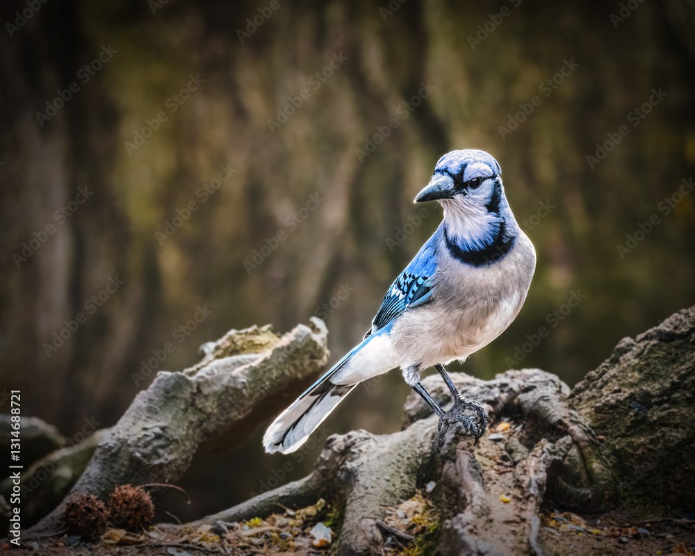 A blue jay is perched thoughtfully on a twisted tree root, with a blurred, natural background that highlights its striking plumage. The bird's vibrant blue and white feathers contrast with background.