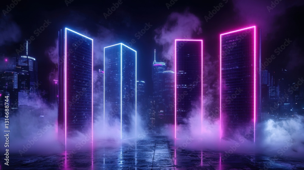 Naklejka premium Volumetric fog drifting through a futuristic neon cityscape