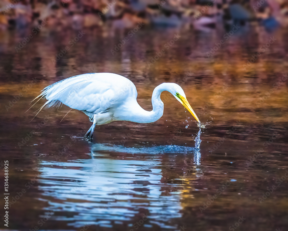 A graceful egret stands in shallow water, its long neck extended as it catches a droplet with its beak. The surrounding water reflects hues of orange and blue, creating a vibrant backdrop..