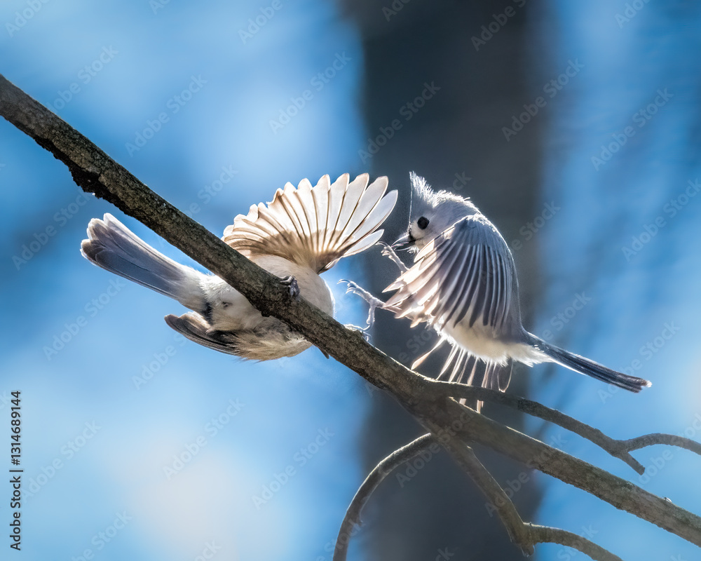Two small birds perch on a branch, one displaying its wings while the other seemingly engaged in interaction. Soft, natural lighting highlights their delicate feathers against a blurred background.