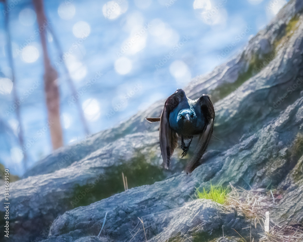 A bird with glossy black feathers is perched on a rock, its wings slightly spread. The background features a soft focus bokeh effect with hints of blue, suggesting water.
