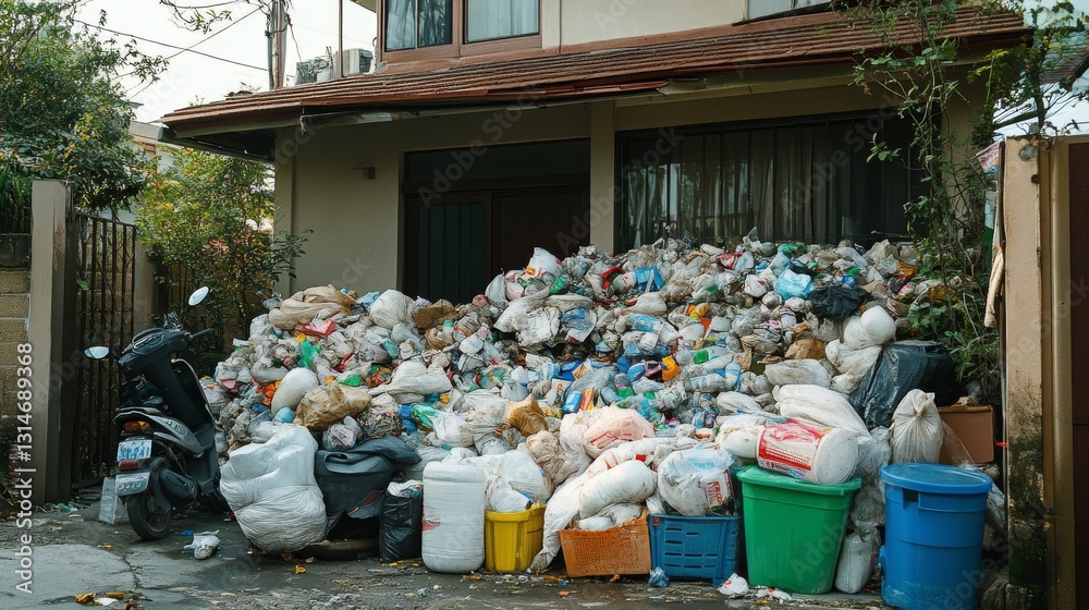 Fototapeta premium Discarded trash covers the ground in front of the house, with waste items spread in every direction.