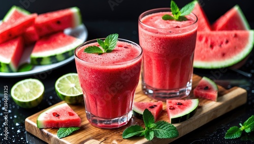 Wallpaper Mural Glass of refreshing watermelon smoothie garnished with mint leaves on a dark backdrop. Torontodigital.ca