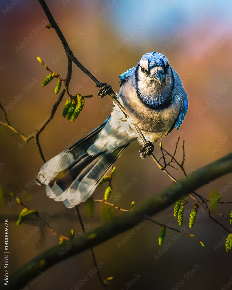 A blue jay perches on a slender branch, surrounded by budding green leaves. The background features soft, blurred colors, highlighting the bird's vibrant blue and white plumage..