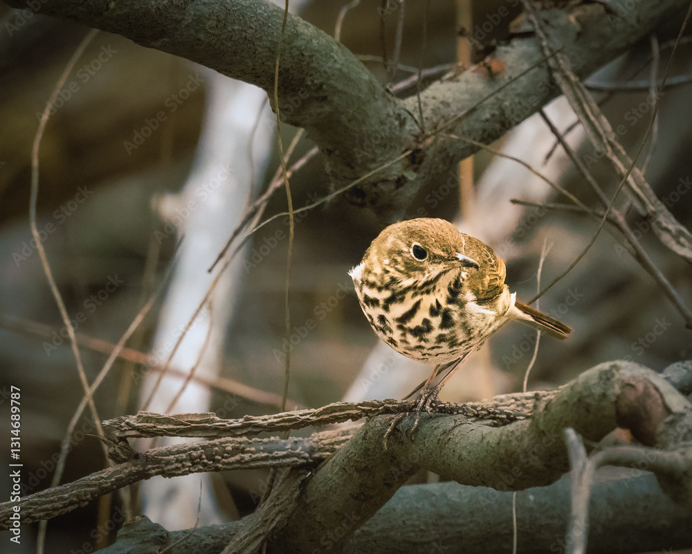A small, speckled bird perches delicately on a branch amidst a tangle of twigs and branches. Its surroundings are a mix of muted earth tones, enhancing the bird's natural camouflage..