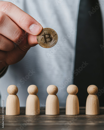 Hand placing a coin above wooden figures on a table.