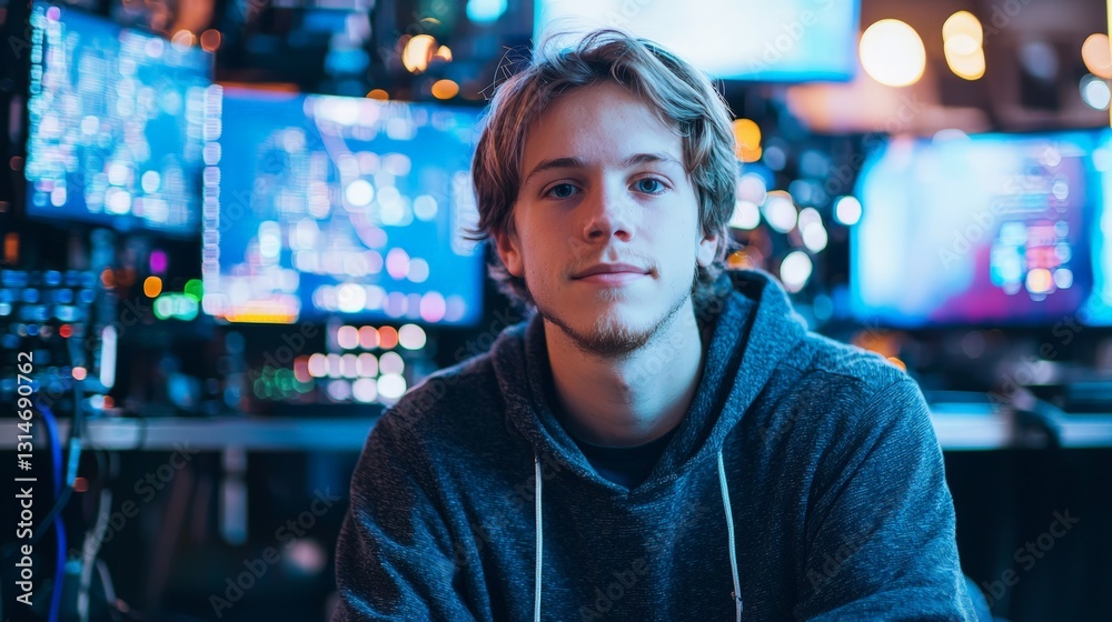 Young man working at a computer with blue lights. Young man working at a computer with blue lights.