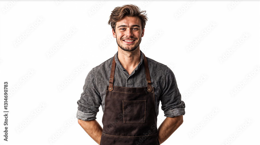 Fototapeta premium A portrait of a young man isolated on a white background, dressed in a dark barista apron with rolled-up sleeves, smiling, natural lighting