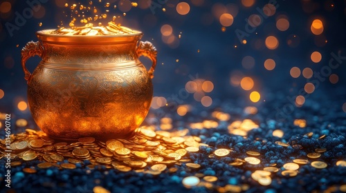 Golden Coins Overflowing Pot, Night Scene