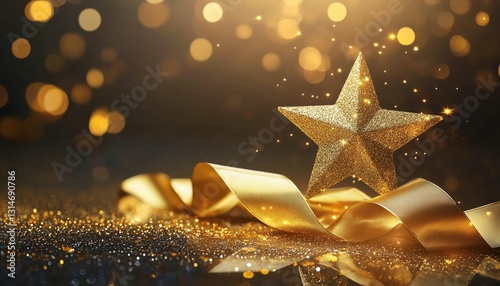 Glamorous Award Ceremony Featuring Gold Star, Ribbon Decor, And Glitter Light Effects For A Sparkling Celebration. A Spectacular Event!