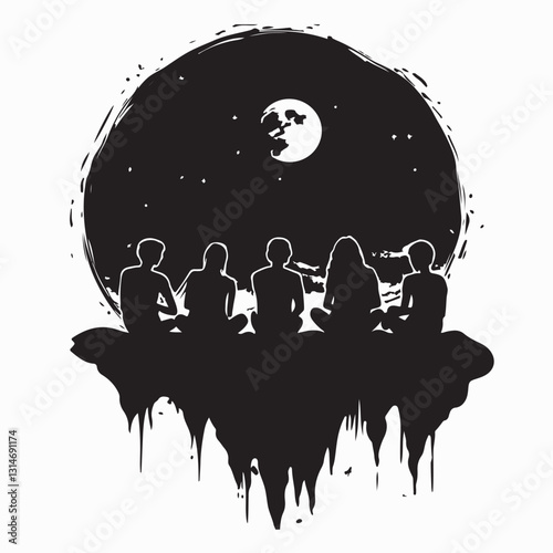 Silhouette of a Group of Teenagers Sitting on Mountain Rocks Admiring the Beauty of the Night