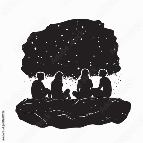 Silhouette of a Group of Teenagers Sitting on Mountain Rocks Admiring the Beauty of the Night