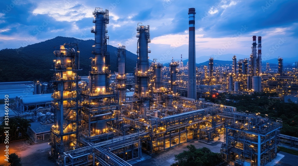 Night View of Illuminated Industrial Refinery Complex Night View of Illuminated Industrial Refinery Complex