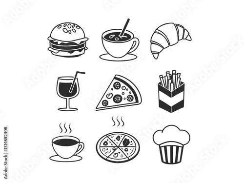Food Lineup: A diverse array of illustrated food items, meticulously drawn with simple lines. capturing the essence of culinary delights