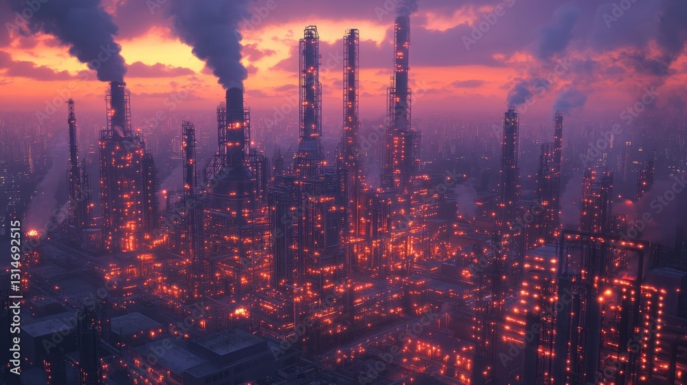 Fototapeta premium Nightfall over Glowing Industrial Complex, Aerial View