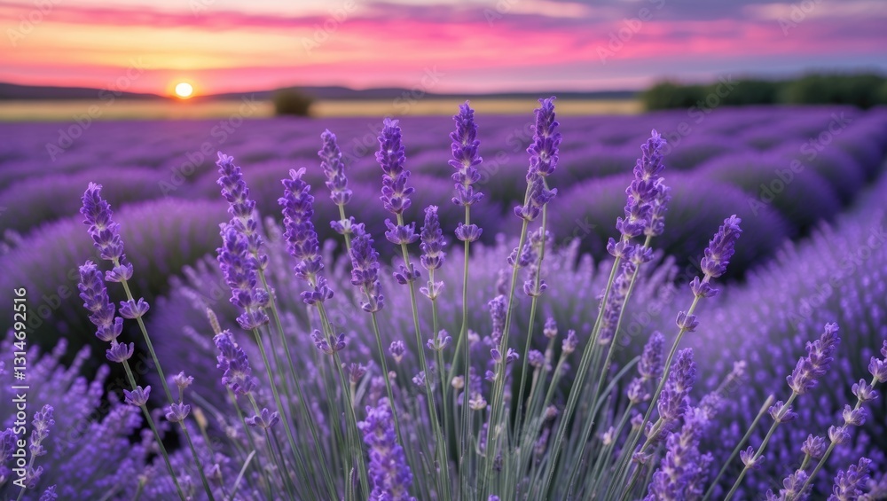 Obraz premium Lavender field. Fragrant blooming violet lavender flowers swaying in the wind against the sunset sky, harvest.