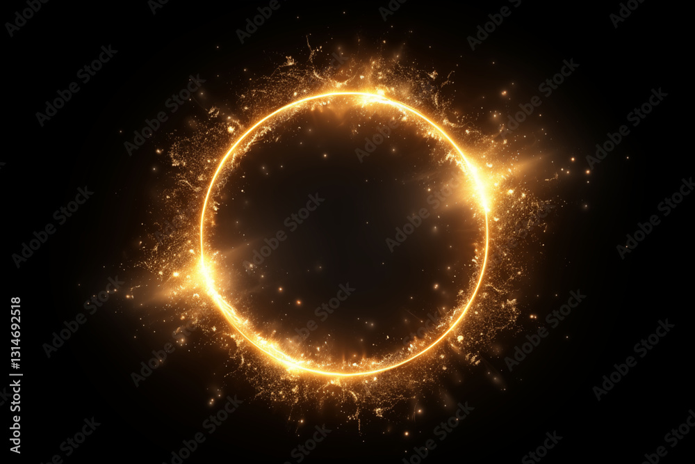 Fototapeta premium Abstract golden glowing ring of light with particles