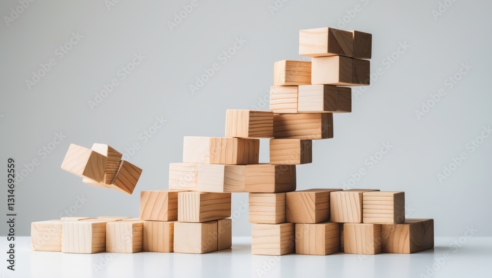 Jenga tower constructed from wooden blocks collapsing against a background. Jenga tower constructed from wooden blocks collapsing against a background.