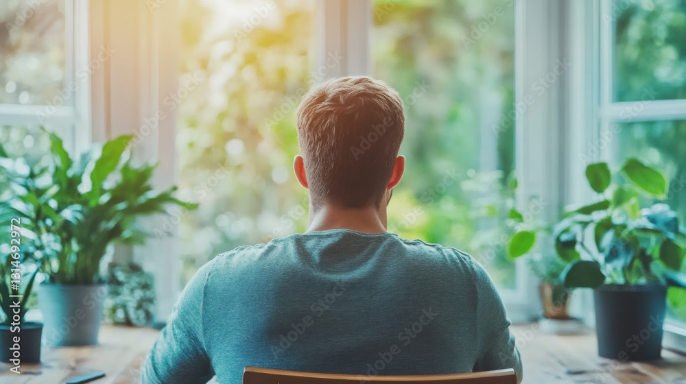 Fototapeta premium Businessman sitting at his desk at home, looking out the window at the trees, enjoying a moment of peace and tranquility