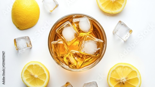 Top view of a refreshing glass of lemon iced tea with ice cubes and lemon slices, isolated on a white background