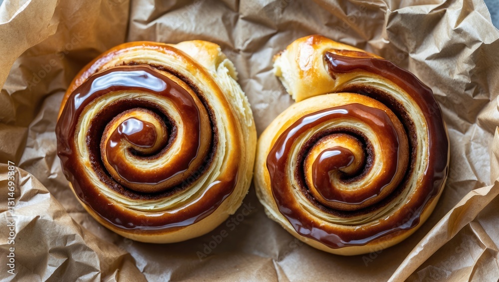 Fototapeta premium Freshly baked cinnamon rolls displayed against a background, viewed from above.