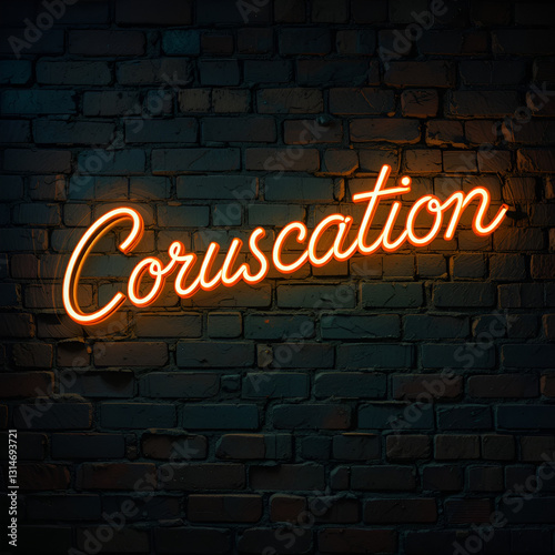 Night view of neon sign on brick wall with inscription coruscation
