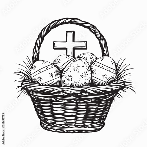 Cross Catholic in basket wicker with egg easter Vector Image isolated on white background