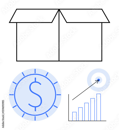 Open box above coin with dollar sign, upward bar chart, and target with arrow. Ideal for business strategy, finance, e-commerce, marketing, growth innovation and planning. Flat simple metaphor