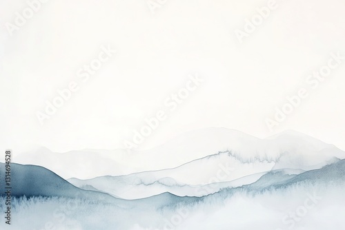 Soft watercolor landscape showcases gentle mountain silhouettes