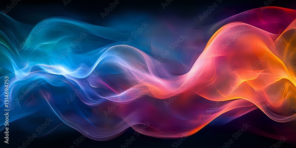 Fototapeta premium Vibrant colorful smoke waves flowing horizontally with blue, purple, pink and orange hues against black background creating dynamic abstract art composition.