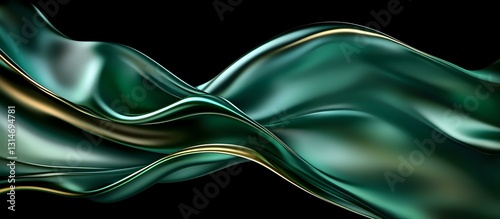 Panel kuchenny z motywem Luxurious emerald green silk fabric waves with golden accent on black background, flowing in smooth elegant curves creating abstract artistic composition.