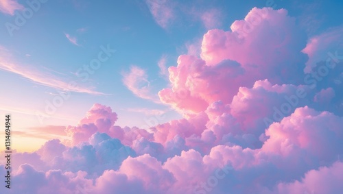 Sky is clear in the evening prior to sunset. The clouds in the imagined sky feature shades of blue and pink, gradually shifting from blue to light yellow, creating a stunning and enchanting spectacle.