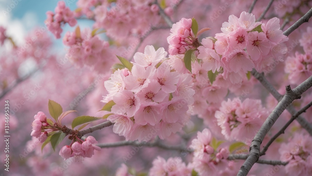 Close-up view of cherry blossoms featuring blooming pink petals and visible stamens at different stages of bloom, set against a blurred light sky background. Close-up view of cherry blossoms featuring blooming pink petals and visible stamens at different stages of bloom, set against a blurred light sky background.