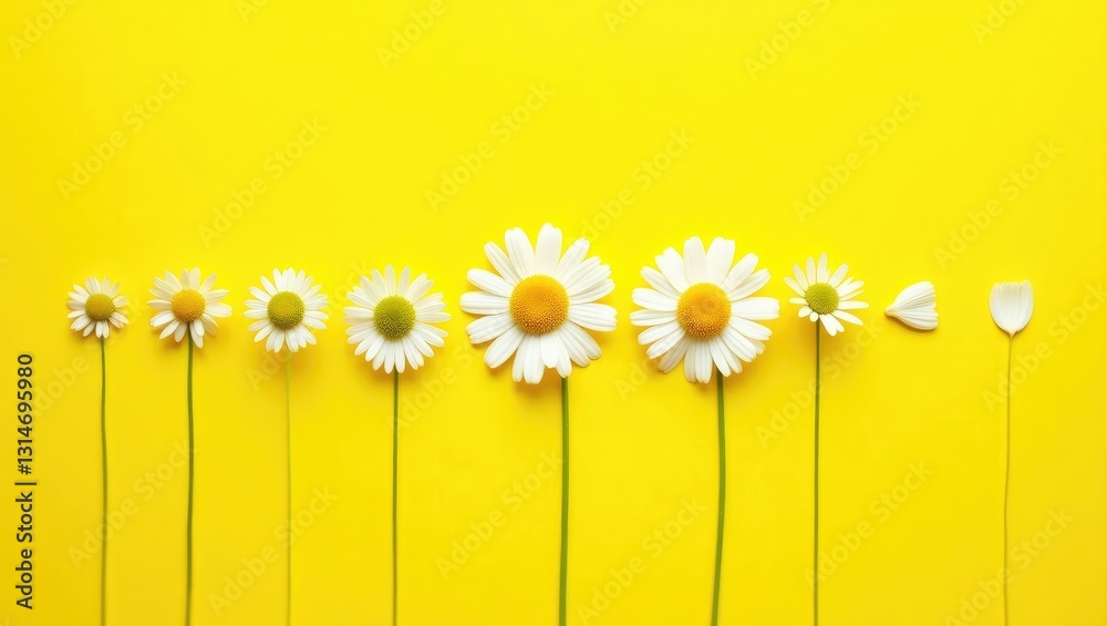 Obraz premium Chamomile flowering phases. White daisies against a yellow backdrop. Background with space for text. Overhead view. Minimalist creative idea.